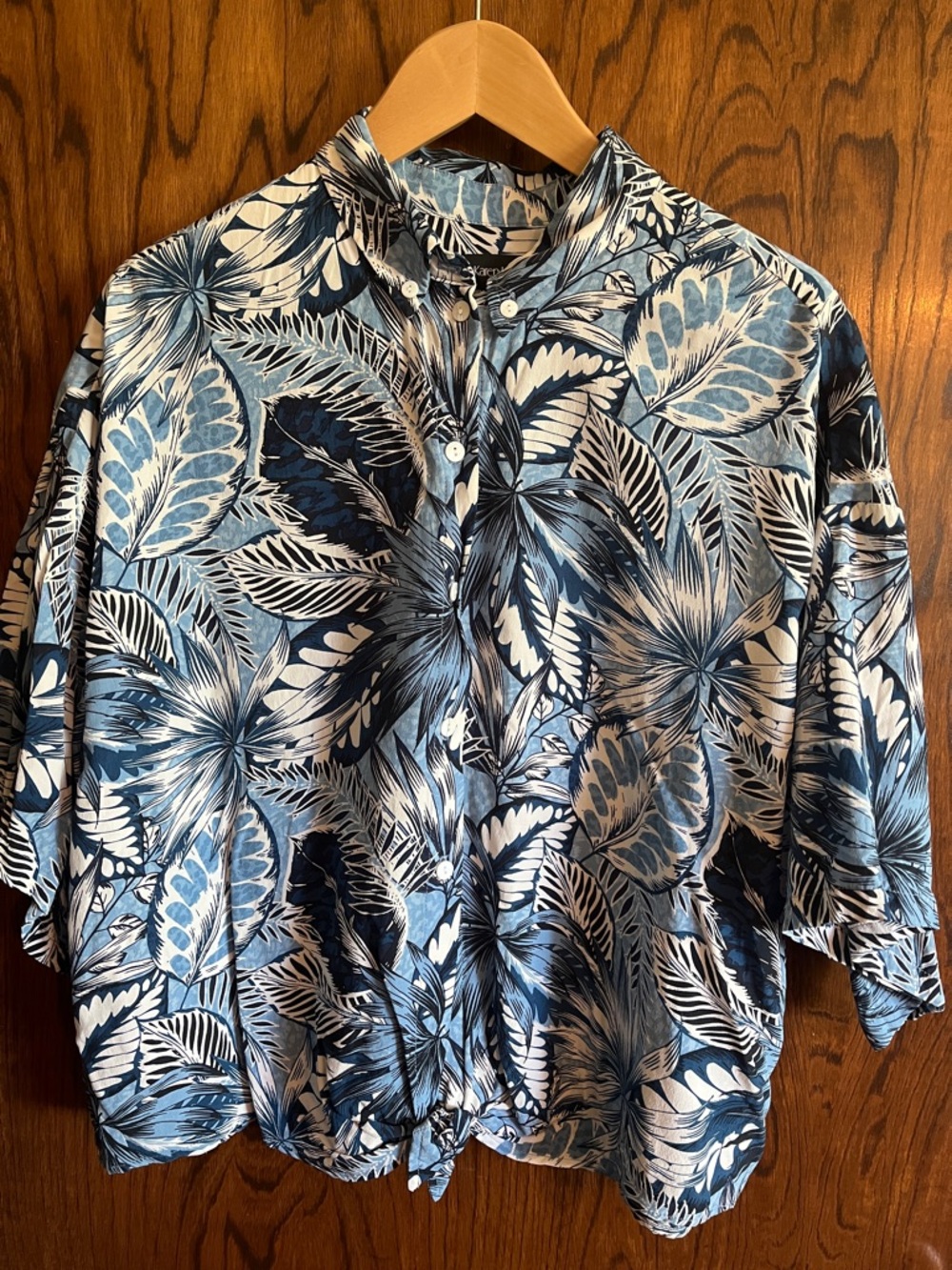 Karen Kane Blue and White Tropical Button-Down Shirt